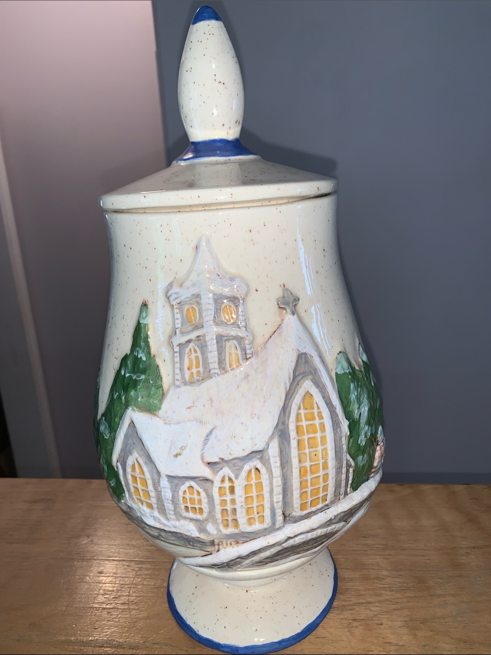 Ceramic Winter Church Decorative Jar - Cream and Blue